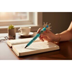 Crown-Themed Blue Jeweled Decorative Pen With Beaded Handle & Rhinestone Accents